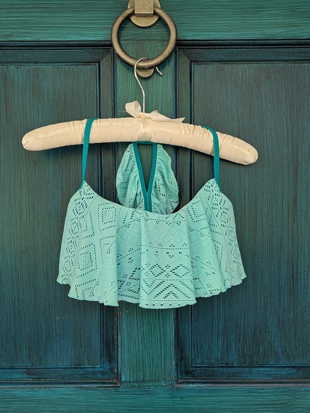 Jo+Jax Ruffle Mint Turquoise Lace Overlay Dance Crop Top Halter Style | Large